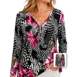 Mosca Black White Floral Zebra Print Tunic Blouse Zip Neck‎ Long Sleeve L